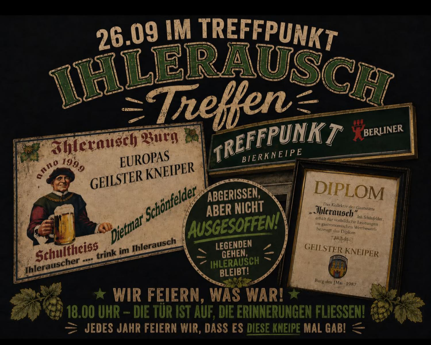 Eventplakat: Ihlerausch Treffen am 26.09 im Treffpunkt, mit Kneipenschildern, Diplom und dem Satz Abgerissen, aber nicht ausgesoffen.